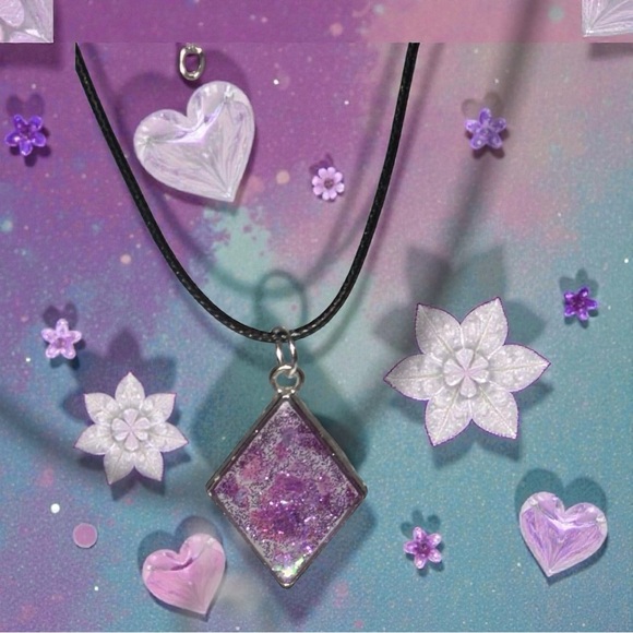 Handmade Resin Diamond Necklace | Purple Glitter Pendant - Picture 4 of 7